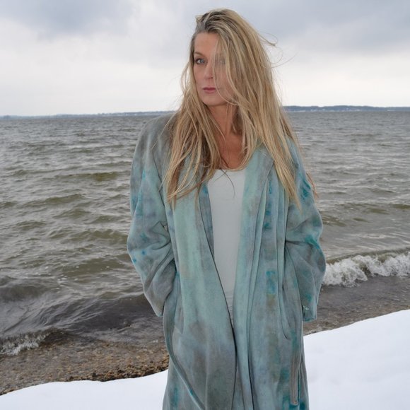 Vintage cashmere wrap Coat painted purple blue grey gray medium large 8 10 12 14